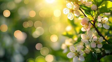 AI generated spring advertisment natural nackground with flowers, bokeh lights and copy space photo