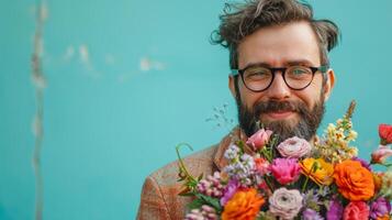 ai generado hermoso negocio hombre con flor ramo de flores en minimalista vívido antecedentes con Copiar espacio foto