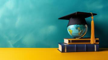 AI generated globe, books and graduation cap on minimalist vivid background with copy space photo