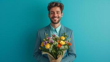 AI generated handsome business man with flower bouquet on minimalist vivid background with copy space photo