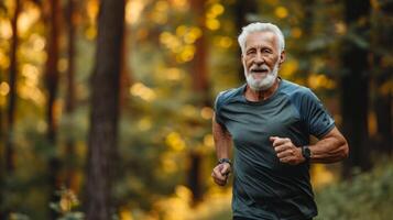 ai generado mayor hombre yendo para un correr en verano bosque foto