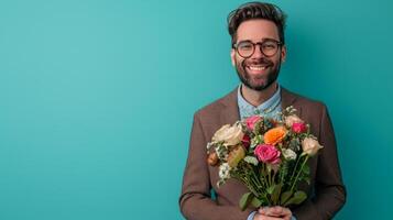 AI generated handsome business man with flower bouquet on minimalist vivid background with copy space photo