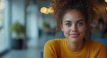 AI generated woman sitting at interview and smiling photo