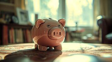 AI generated piggy bank by living room table photo