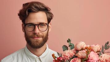AI generated handsome polise man with flower bouquet on minimalist background with copy space photo