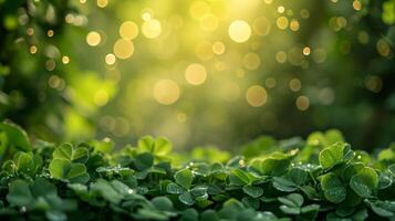 AI generated spring advertisment natural nackground with clower leaves, gold coins, bokeh lights and copy space photo