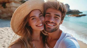 ai generado joven contento hombre besos y abrazando hermosa mujer mientras tomando selfie foto en soleado playa