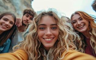 ai generado joven mujer tomando selfie con un grupo de amigos foto