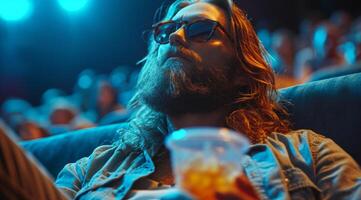 AI generated young man with long hair and beard with sunglasses and glasses watching movie in cinema photo