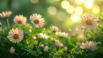 AI generated spring advertisment natural nackground with flowers, bokeh lights and copy space photo