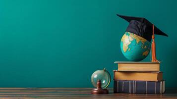 AI generated globe, books and graduation cap on minimalist vivid background with copy space photo