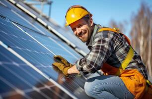AI generated a solar technician is smiling as he installs a solar panel on the roof of his building photo