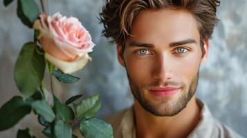 AI generated hansome man with rose flower photo