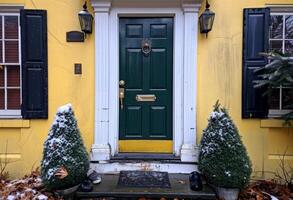 AI generated green and yellow door with shutters photo