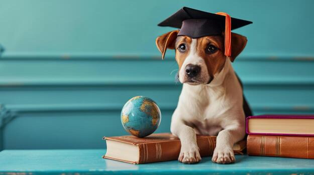AI generated globe, books and cute dog in graduation cap on minimalist vivid background with copy space photo