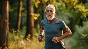 ai generado mayor hombre yendo para un correr en verano bosque foto