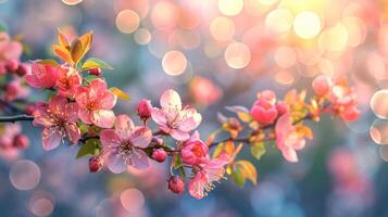 AI generated spring advertisment natural nackground with flowers, bokeh lights and copy space photo