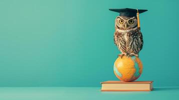 AI generated globe, books and cute owl in graduation cap on minimalist vivid background with copy space photo