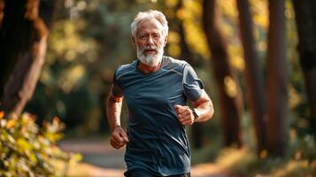 ai generado mayor hombre yendo para un correr en verano parque foto