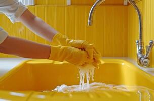 AI generated woman washing up with rubber gloves in kitchen sink liquids photo