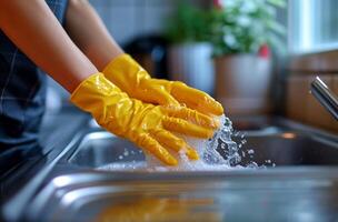 ai generado mujer Lavado mano en amarillo guantes en cocina lavabo foto