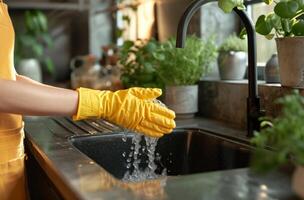 AI generated woman washing hand in yellow gloves in kitchen sink photo