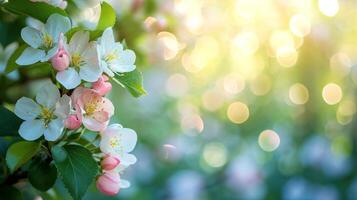 AI generated spring advertisment natural nackground with flowers, bokeh lights and copy space photo