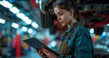 AI generated technician holding a tablet and a car under a garage stand photo