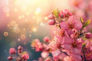 AI generated spring advertisment natural nackground with flowers, bokeh lights and copy space photo