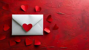AI generated white envelope with red paper hearts on minimalist vivid background with copy space photo