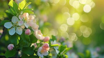 AI generated spring advertisment natural nackground with flowers, bokeh lights and copy space photo