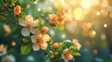 AI generated spring advertisment natural nackground with flowers, bokeh lights and copy space photo