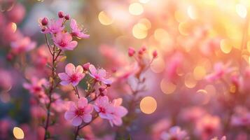 AI generated spring advertisment natural nackground with flowers, bokeh lights and copy space photo