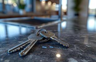 AI generated two keys sitting on a countertop in a house, photo