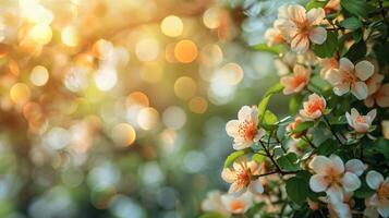 AI generated spring advertisment natural nackground with flowers, bokeh lights and copy space photo