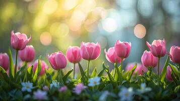 AI generated spring advertisment natural nackground with flowers, bokeh lights and copy space photo