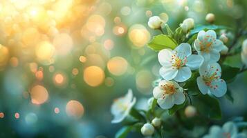 AI generated spring advertisment natural nackground with flowers, bokeh lights and copy space photo