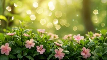 AI generated spring advertisment natural nackground with flowers, bokeh lights and copy space photo