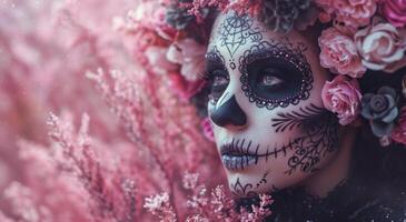 ai generado un mujer vestido en azúcar calaveras y falso foto