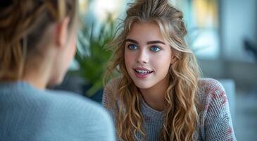 AI generated woman talking to another person about a job interview photo