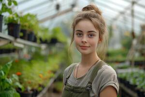 AI generated young woman in a green overall standing in greenhouse photo