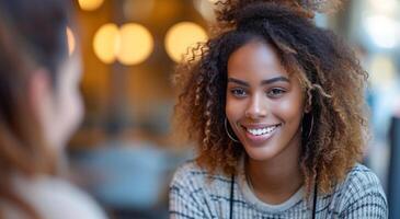 AI generated woman talking to another person about a job interview photo