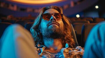 AI generated young man with long hair and beard with sunglasses and glasses watching movie in cinema photo