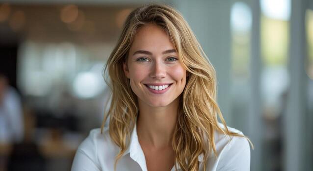 AI generated woman sitting at interview and smiling photo