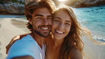 ai generado joven contento hombre besos y abrazando hermosa mujer mientras tomando selfie foto en soleado playa