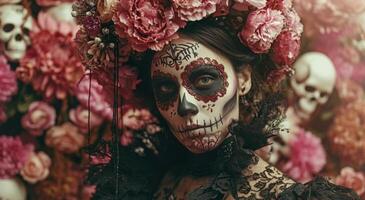 ai generado un mujer vestido en azúcar calaveras y falso foto