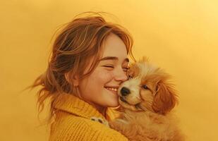 AI generated young woman smiling while holding a girl with a dog isolated on gold background photo