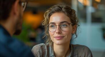 ai generado mujer hablando a hombre a el reunión foto