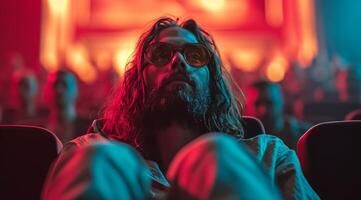 AI generated young man with long hair and beard with sunglasses and glasses watching movie in cinema photo