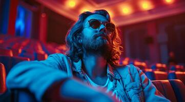 AI generated young man with long hair and beard with sunglasses and glasses watching movie in cinema photo